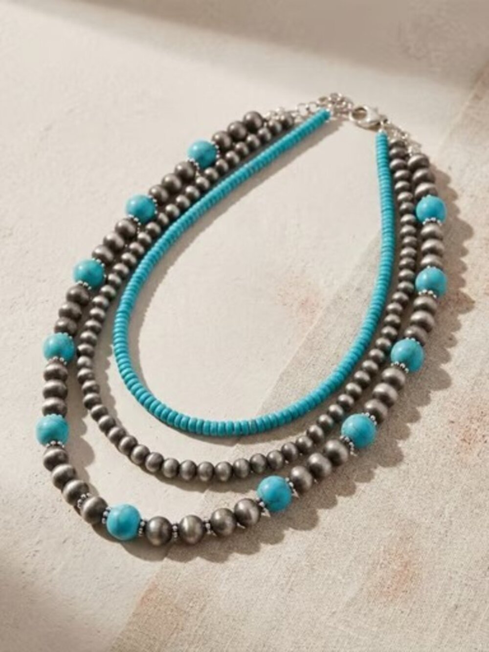 Western Turquoise & Brushed Silver Three-Strand Necklace